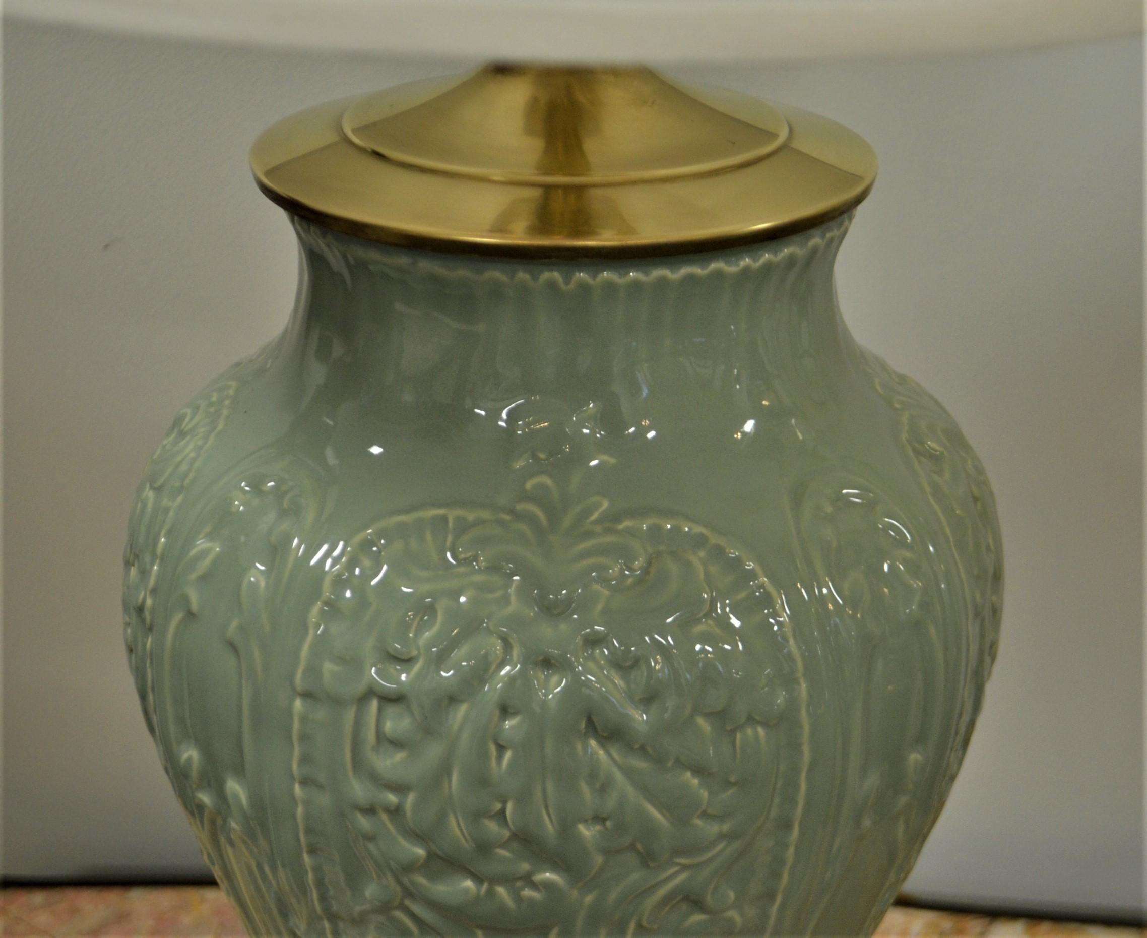 Chinoiserie Pair of Celadon Ceramic Lamps, New Off White Linen Shades For Sale