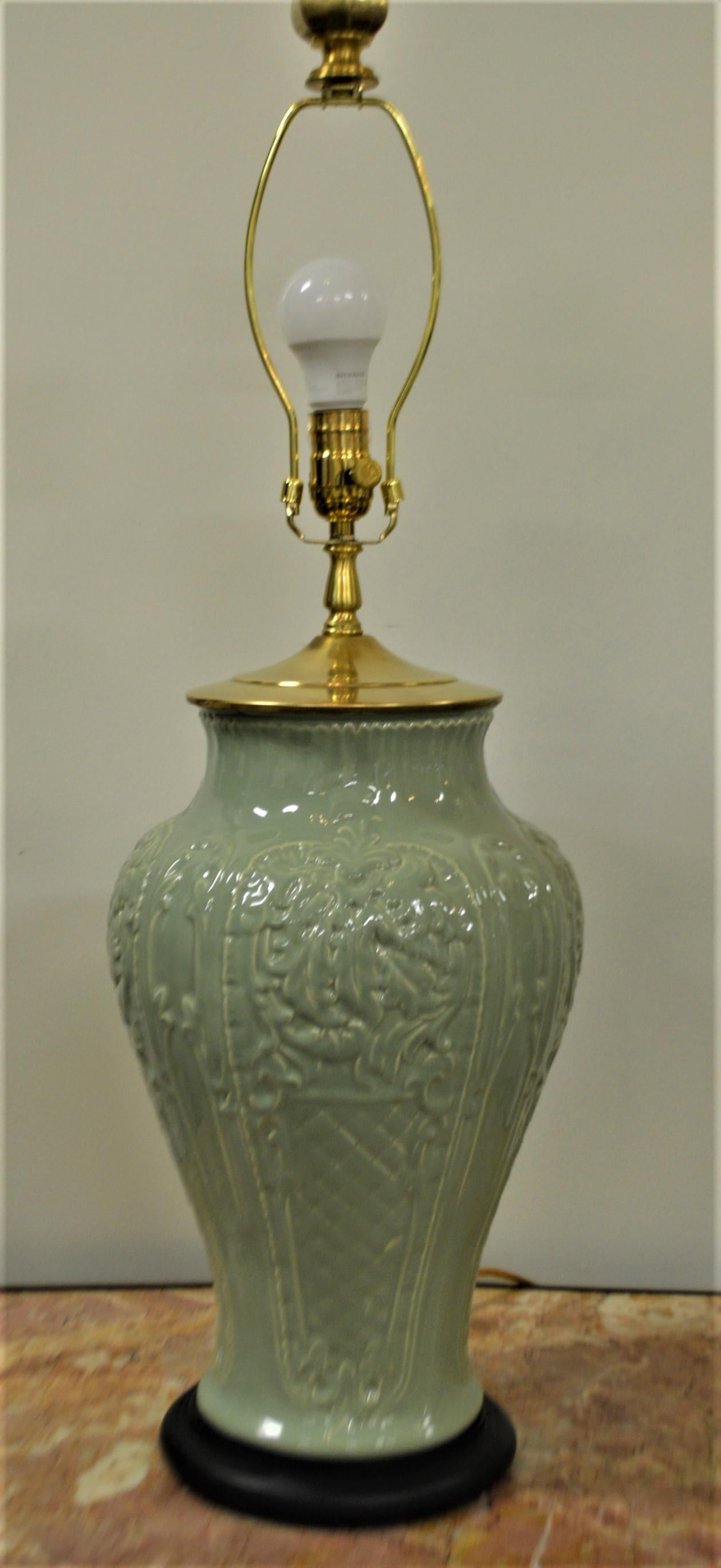 Pair of Celadon Ceramic Lamps, New Off White Linen Shades In Excellent Condition For Sale In Oakville, ON