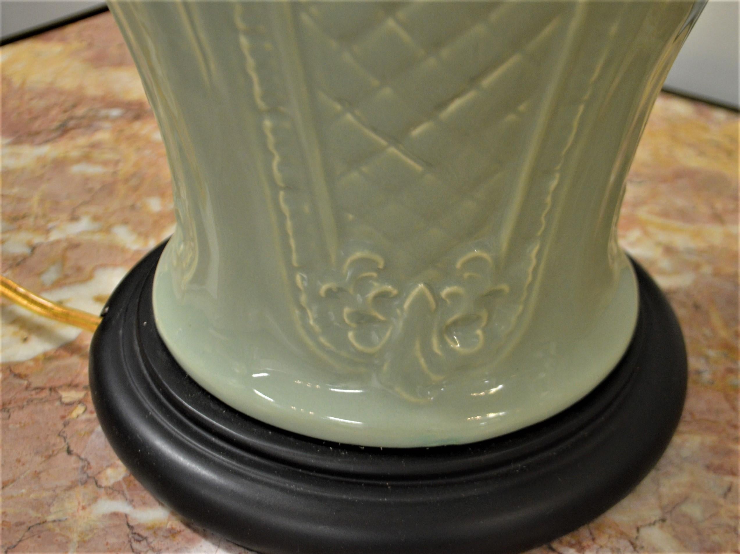 Pair of Celadon Ceramic Lamps, New Off White Linen Shades For Sale 2