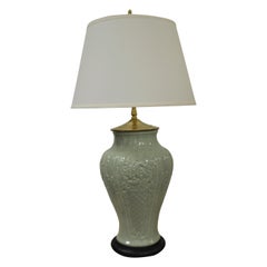Pair of Celadon Ceramic Lamps, New Off White Linen Shades