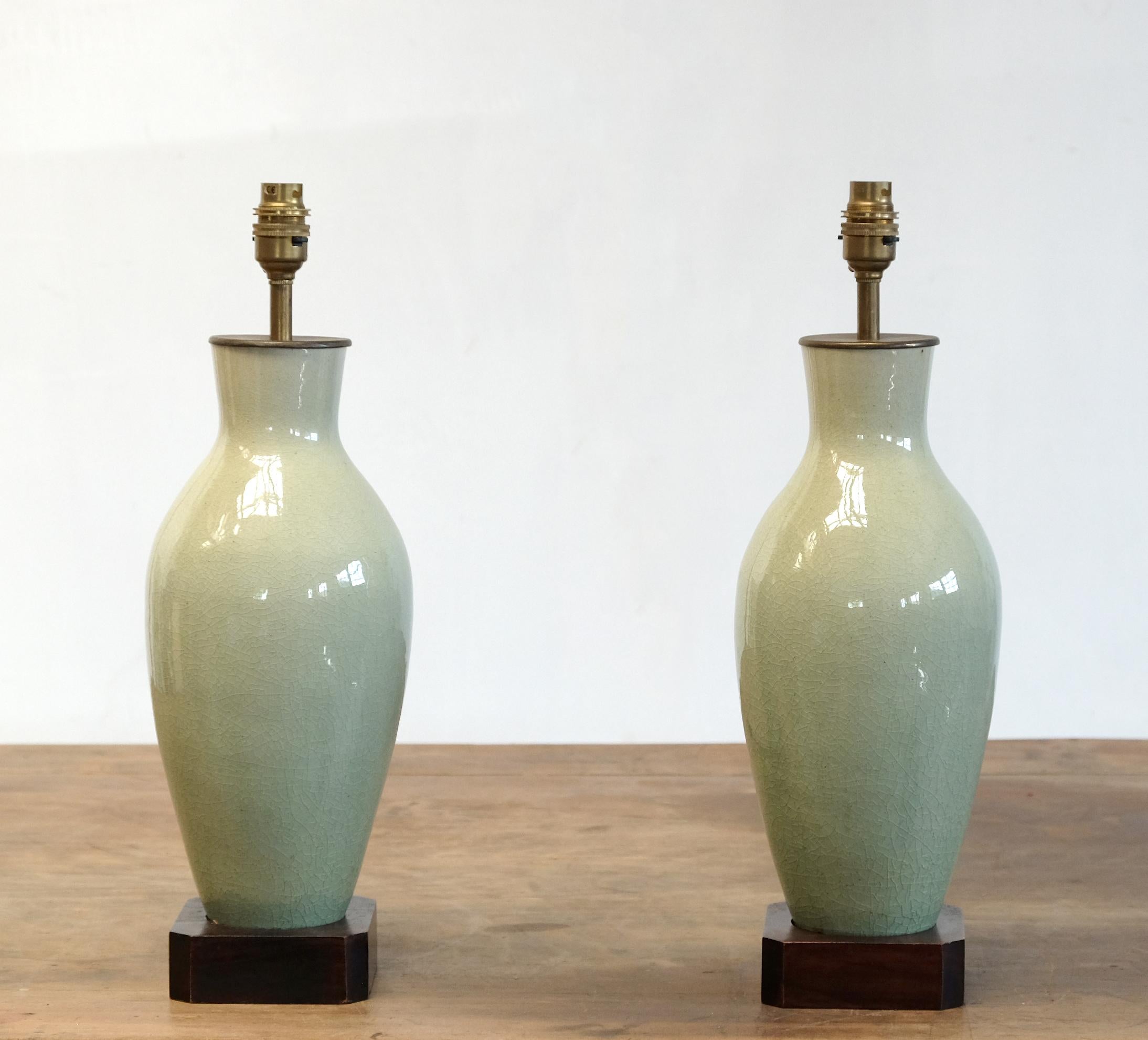Pair of Celadon Crackle Glaze Vase Lamps, Mid-20th Century, Jade Green, Chinese 1