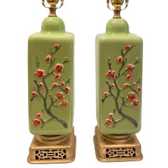 Pair of Celadon Floral Lamps