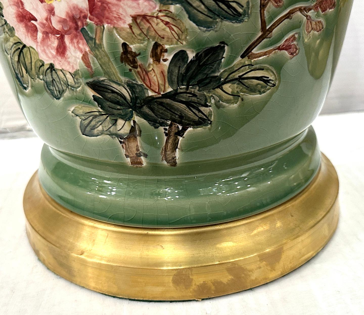Pair of Celadon Floral Lamps In Good Condition For Sale In New York, NY