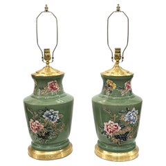 Vintage Pair of Celadon Floral Lamps