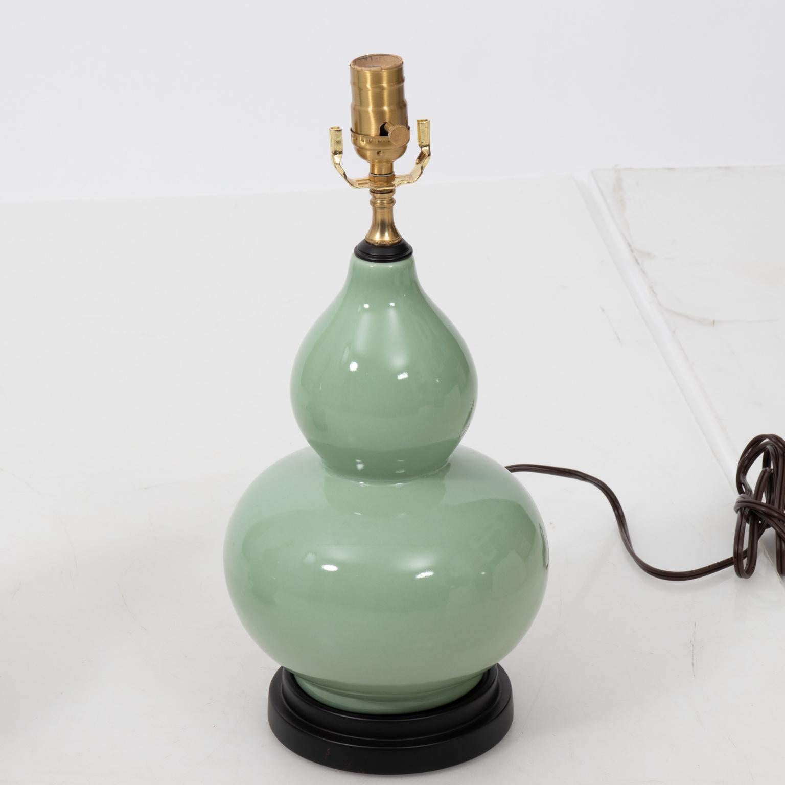 Chinese Pair of Celadon Gourd Shaped Lamps