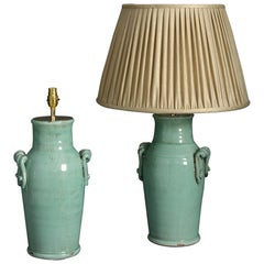 Pair of Celadon Green Crackle Glaze Vase Lamps