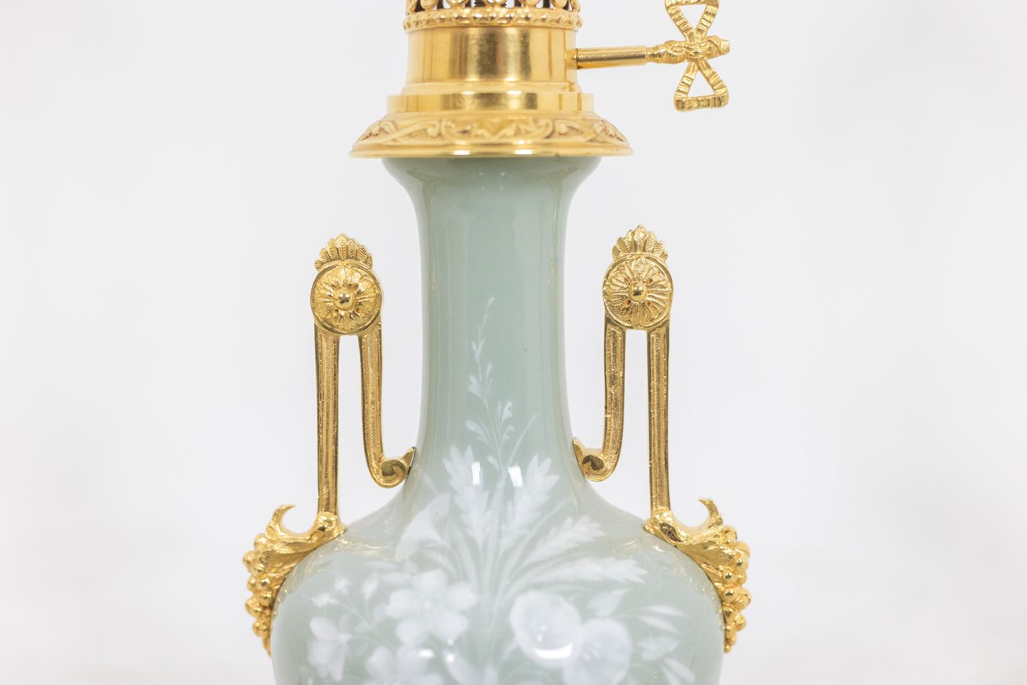 Porcelain Pair of Celadon porcelain and gilded bronze lamps. Circa 1880. For Sale