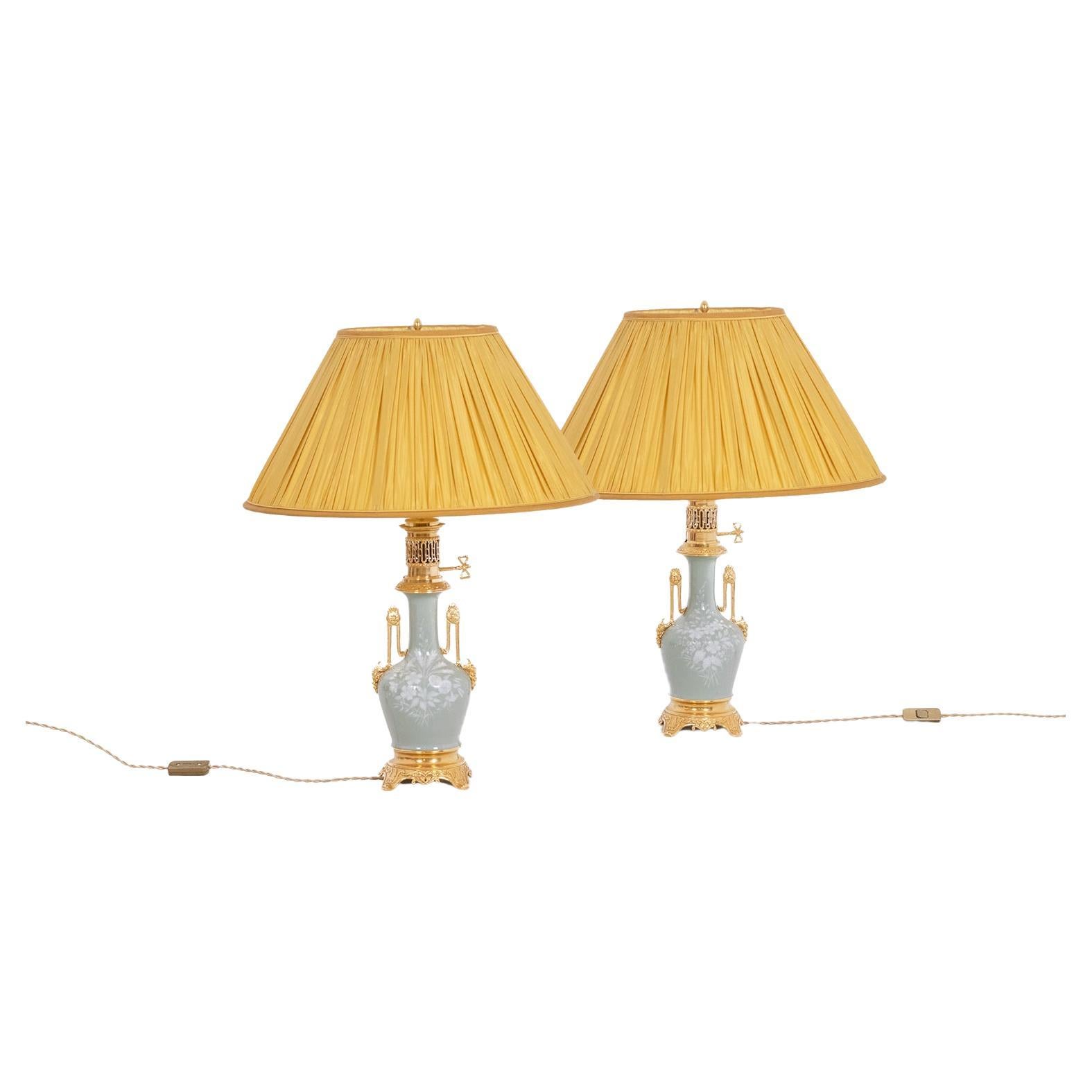 Pair of Celadon porcelain and gilded bronze lamps. Circa 1880. For Sale