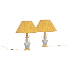 Antique Pair of Celadon porcelain and gilded bronze lamps. Circa 1880.