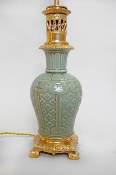 Pair of Celadon Porcelain and Gilt Bronze Lamps, 19th Century