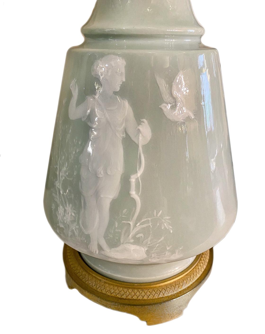 Pair of Celadon Porcelain Table Lamps In Good Condition For Sale In New York, NY