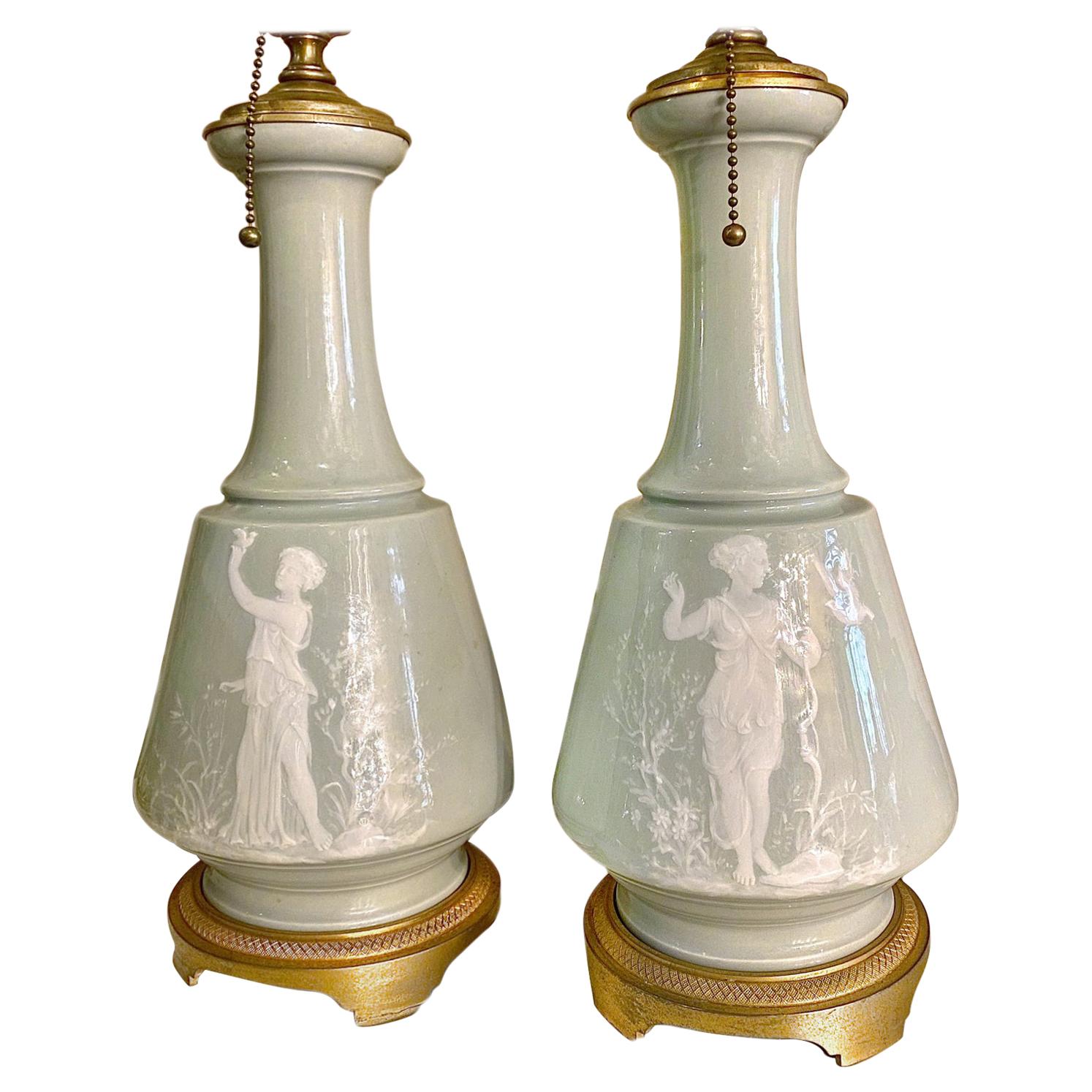 Pair of Celadon Porcelain Table Lamps For Sale