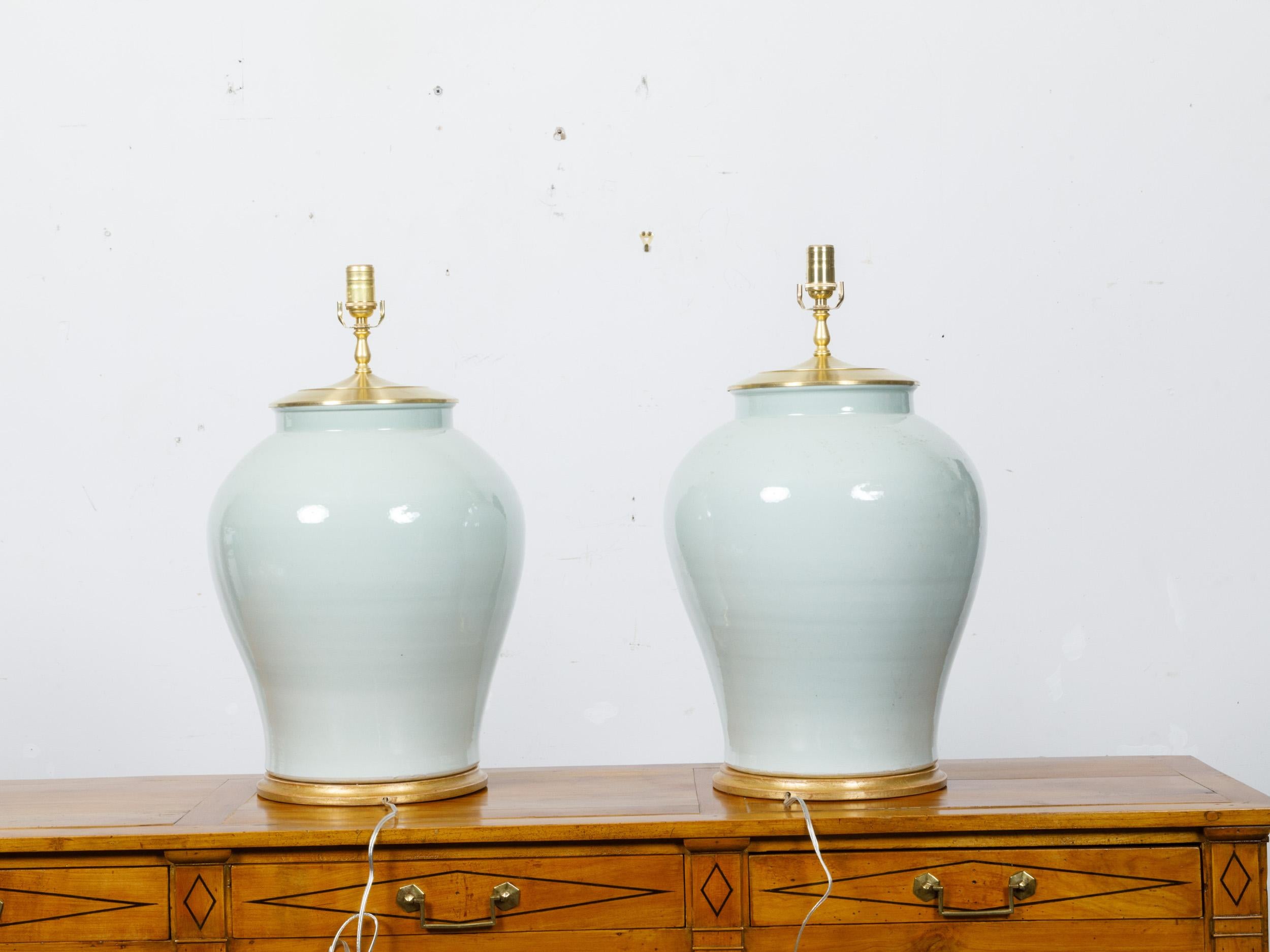 Pair of Celadon Porcelain Table Lamps on Giltwood Bases, Wired for the USA In Good Condition For Sale In Atlanta, GA