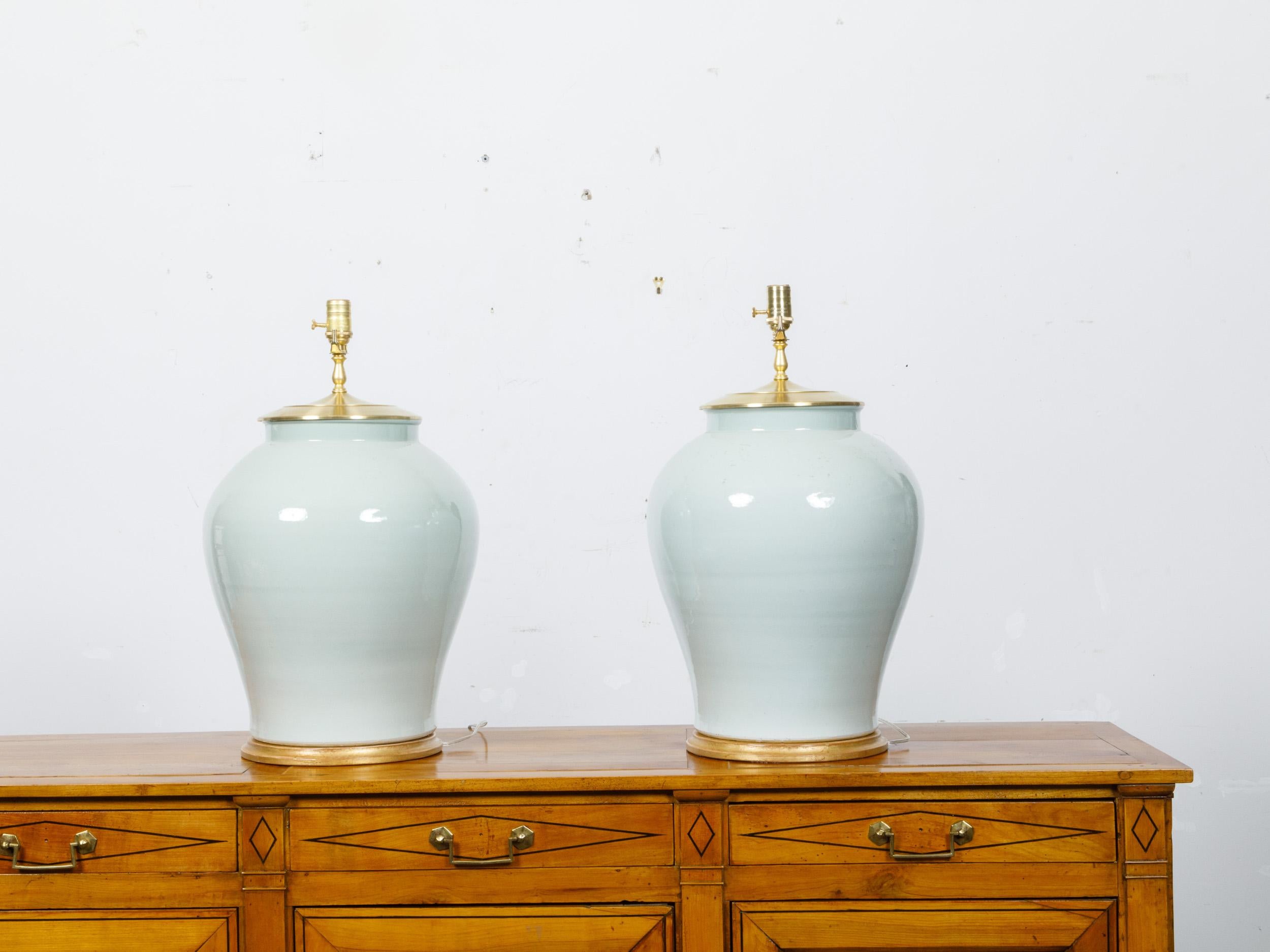 20th Century Pair of Celadon Porcelain Table Lamps on Giltwood Bases, Wired for the USA For Sale