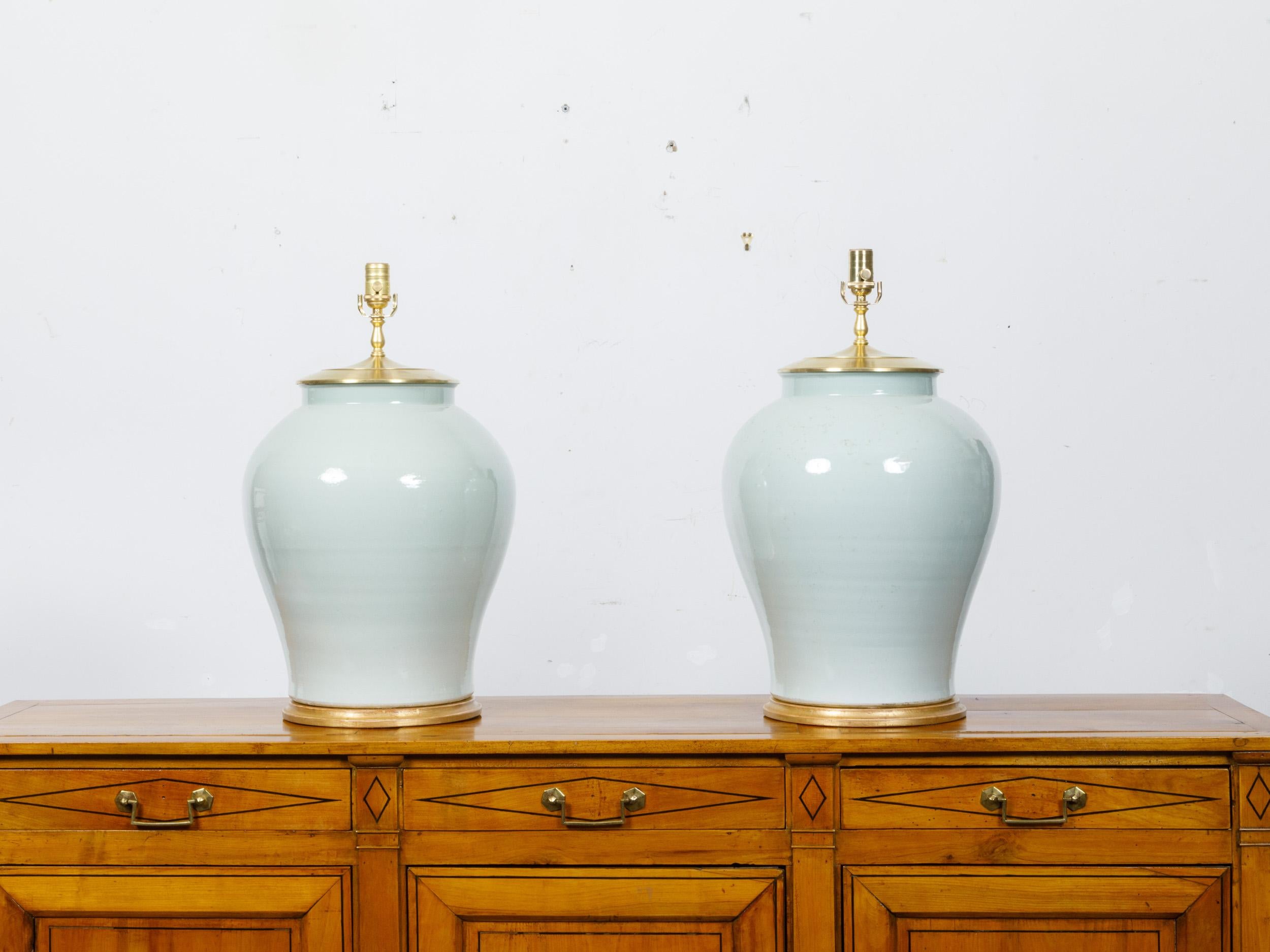 Pair of Celadon Porcelain Table Lamps on Giltwood Bases, Wired for the USA For Sale 5
