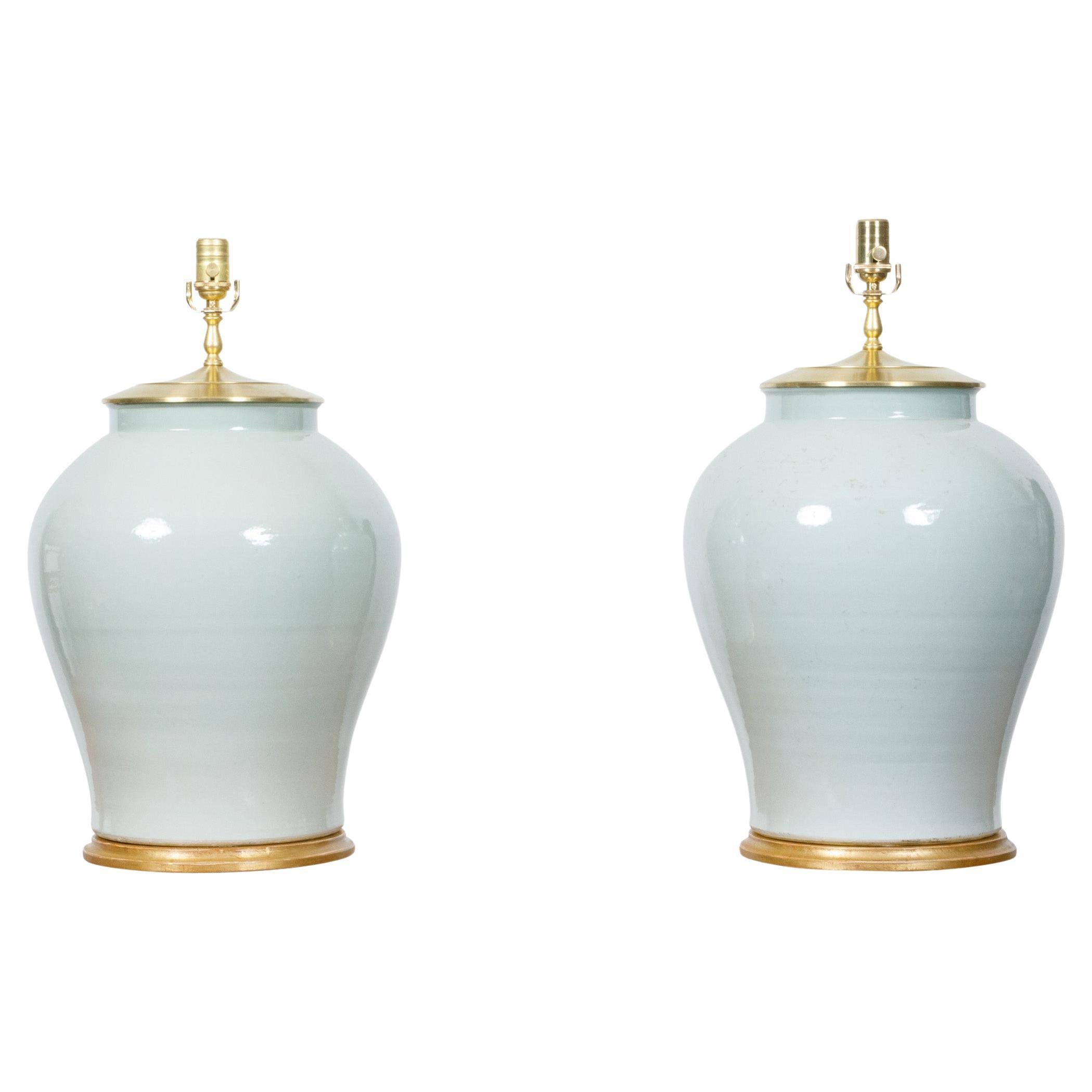 Pair of Celadon Porcelain Table Lamps on Giltwood Bases, Wired for the USA For Sale