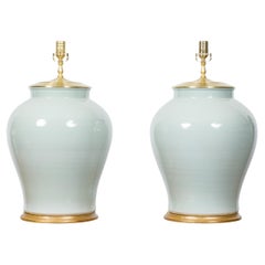 Pair of Celadon Porcelain Table Lamps on Giltwood Bases, Wired for the USA
