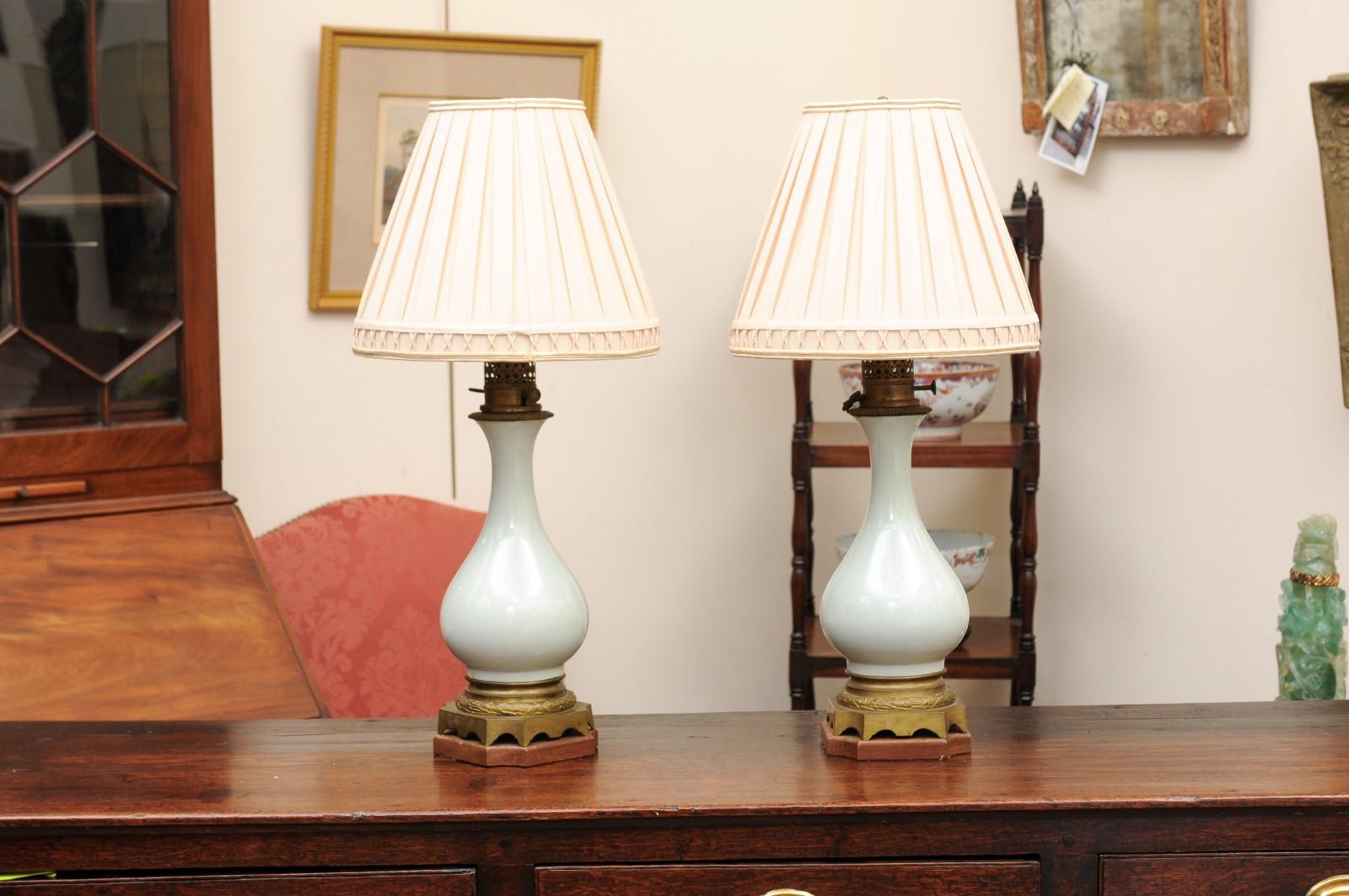 Pair of Celadon Porcelain Vases Mounted on Bronze Bases, Wired as lamps In Good Condition In Atlanta, GA