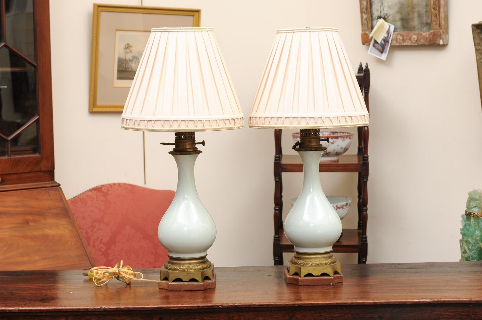 Pair of Celadon Porcelain Vases Mounted on Bronze Bases, Wired as lamps 3