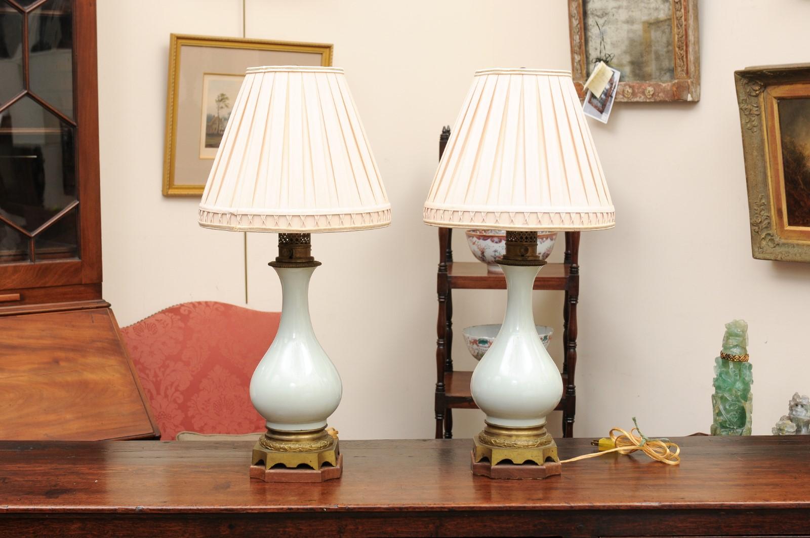 Pair of Celadon Porcelain Vases Mounted on Bronze Bases, Wired as lamps 5