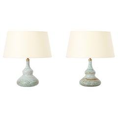 Pair Of Celadon Pottery Lamp, France 1950
s
