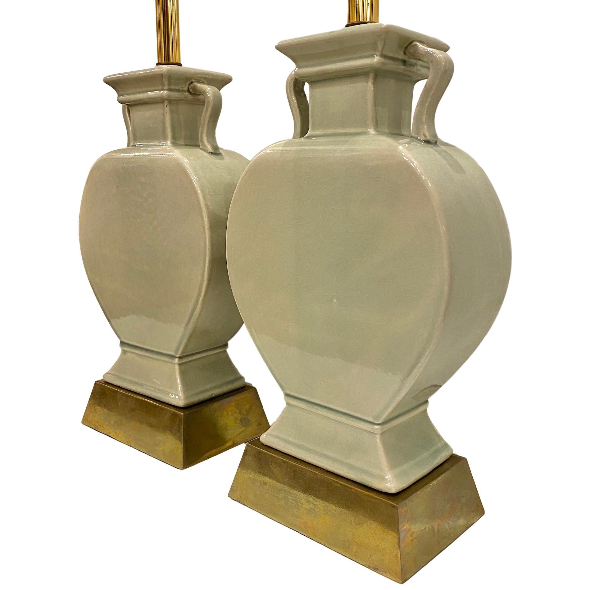 Chinese Pair of Celadon Table Lamps For Sale