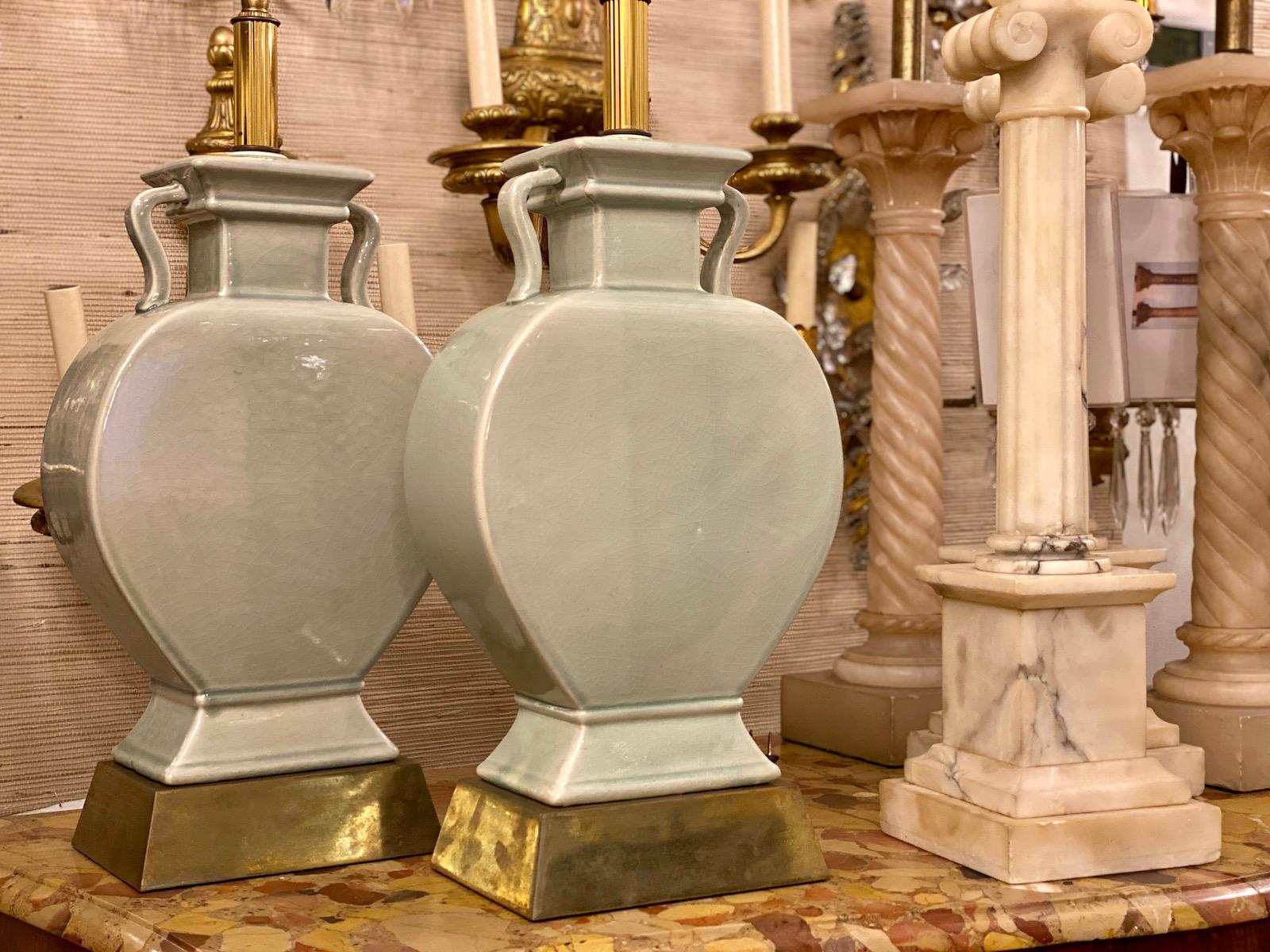 Early 20th Century Pair of Celadon Table Lamps For Sale
