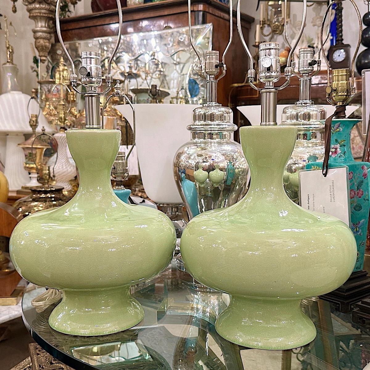 Pair of Celadon Table Lamps In Good Condition For Sale In New York, NY
