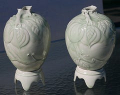 Pair of Celadon Vases on Pedestals by Cliff Lee