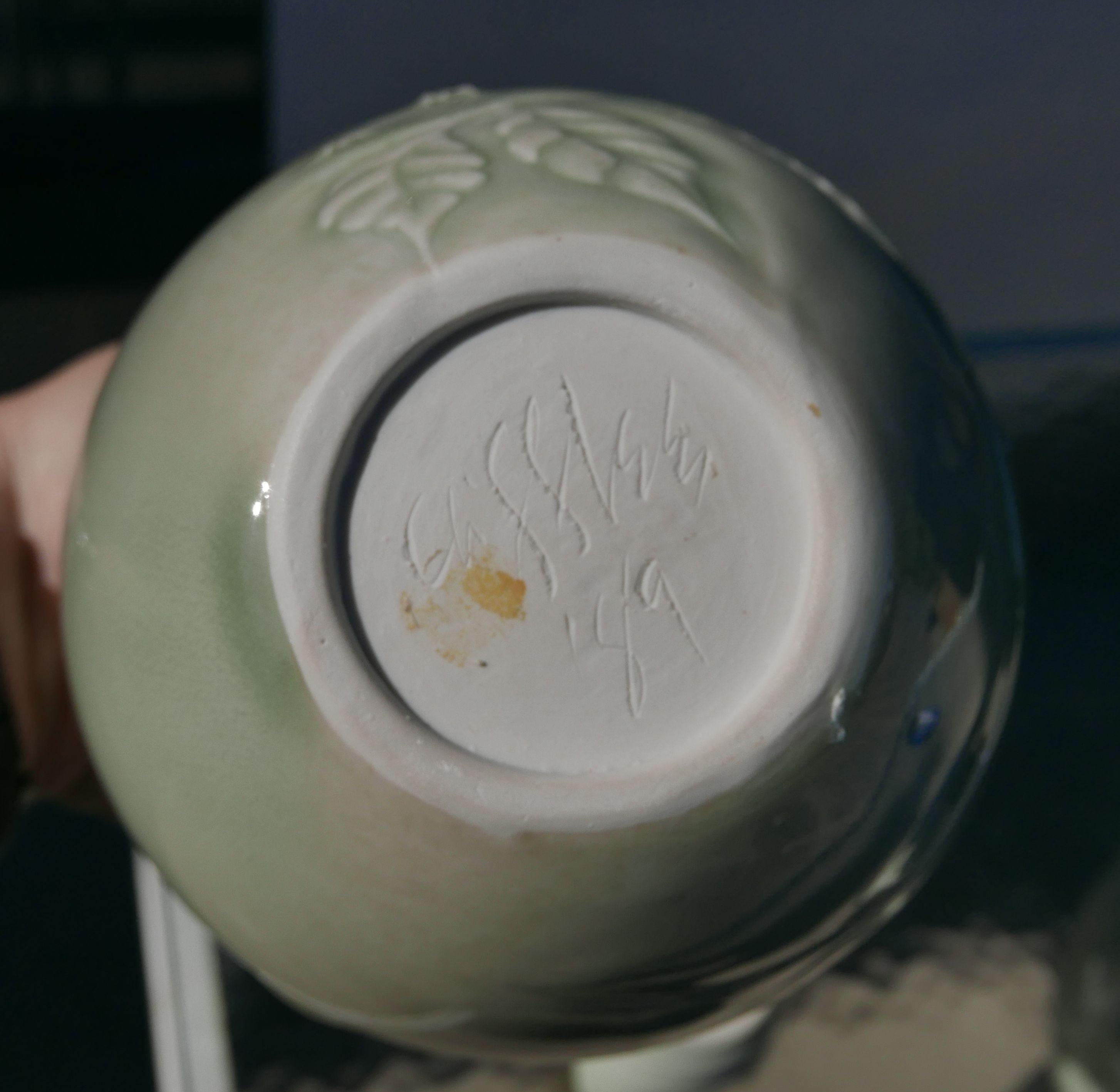 Glazed Pair of Celadon Vases on Pedestals by Cliff Lee