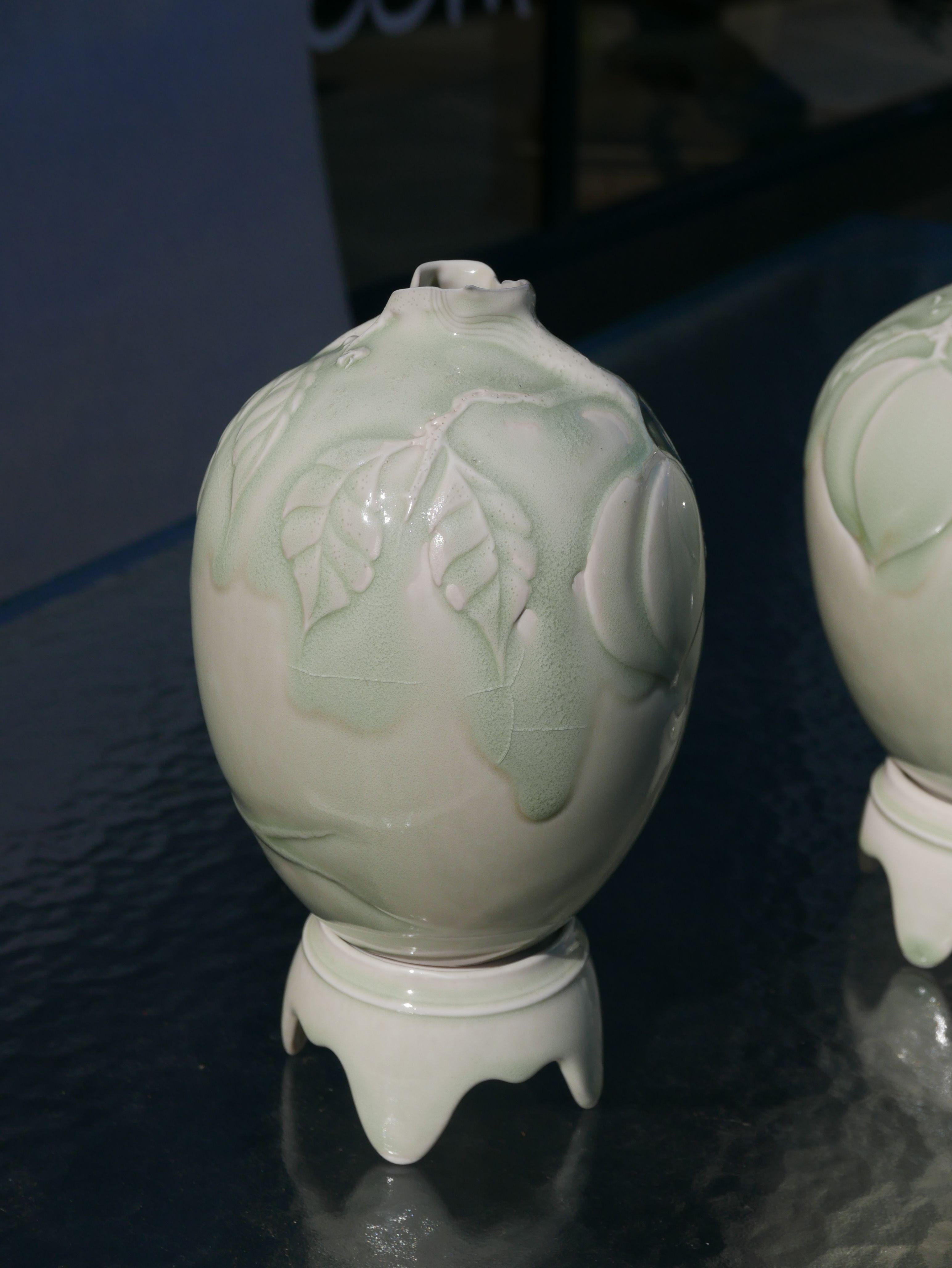 Pair of Celadon Vases on Pedestals by Cliff Lee 1