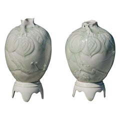 Pair of Celadon Vases on Pedestals by Cliff Lee