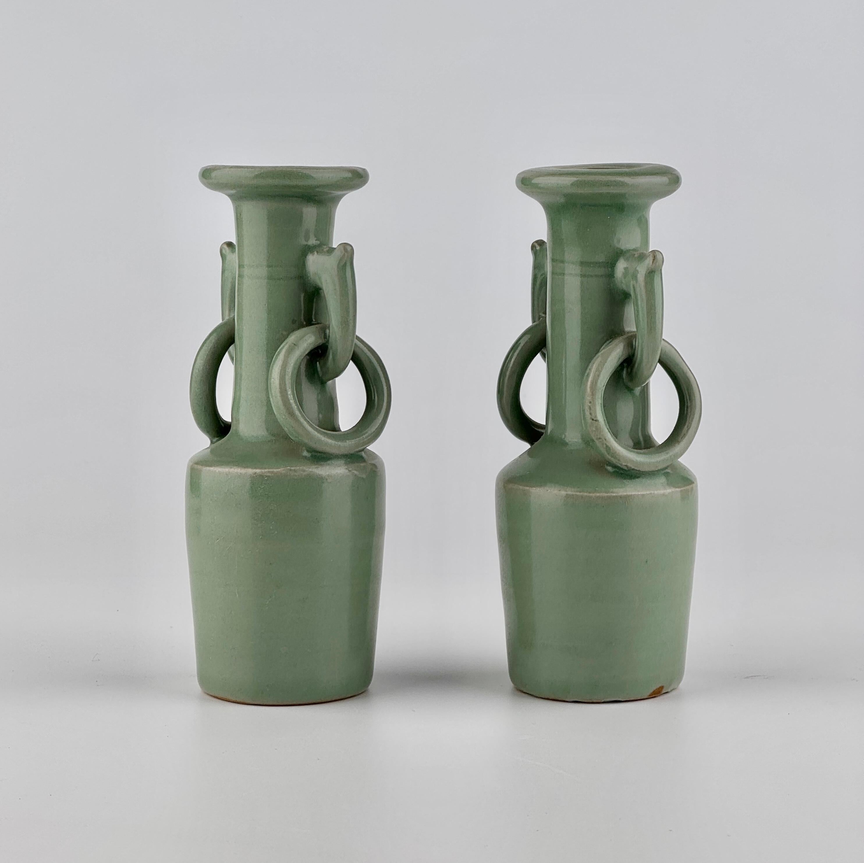 East Asian Pair of Celadon Vases with Double Handles, Song-Yuan Dynasty For Sale