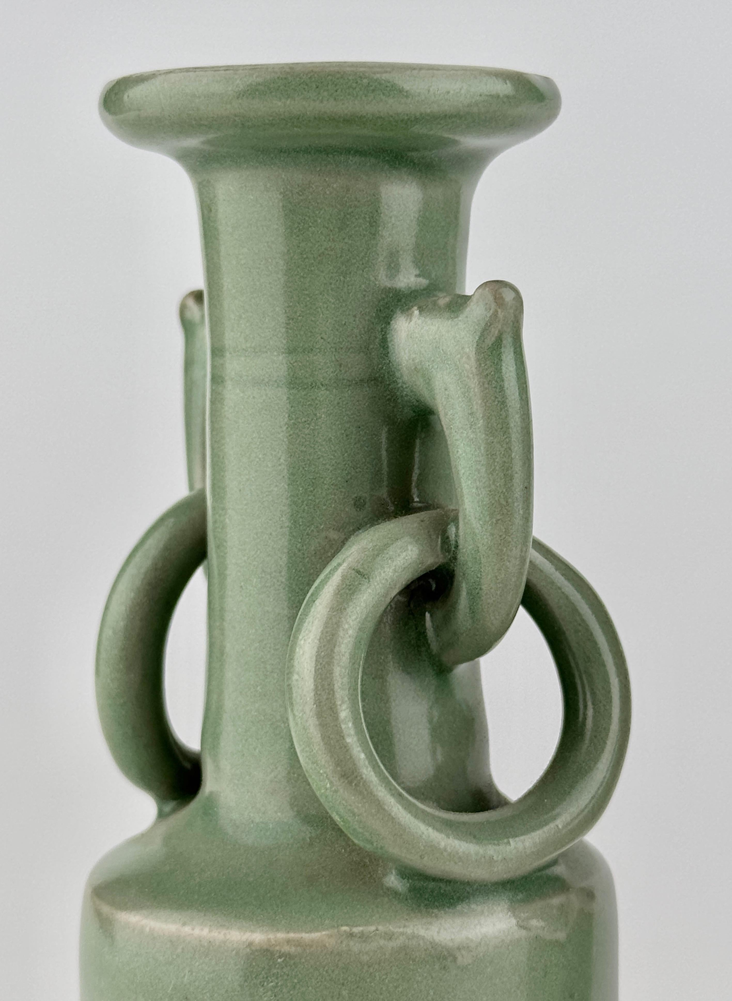 Glazed Pair of Celadon Vases with Double Handles, Song-Yuan Dynasty For Sale