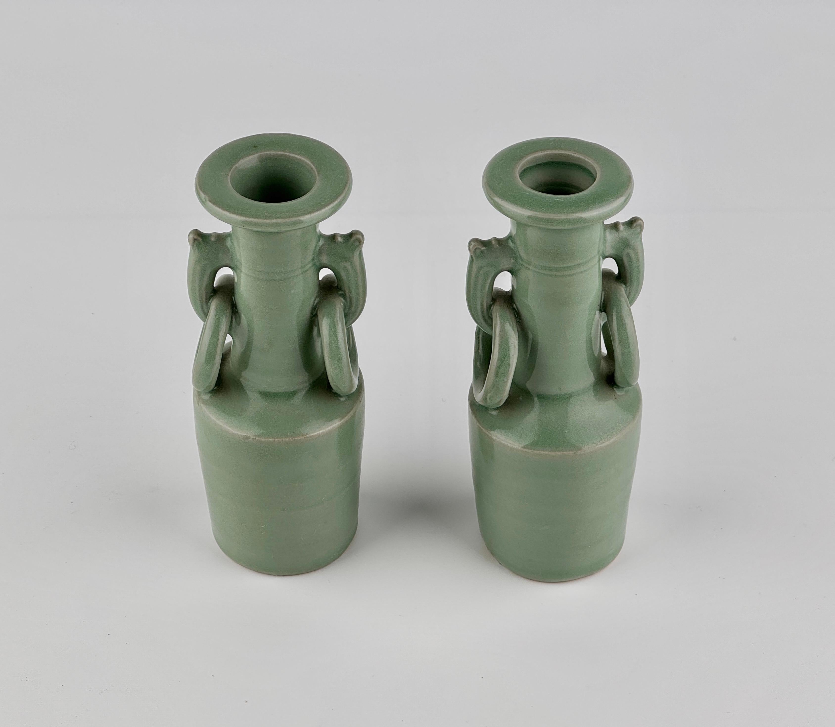18th Century and Earlier Pair of Celadon Vases with Double Handles, Song-Yuan Dynasty For Sale