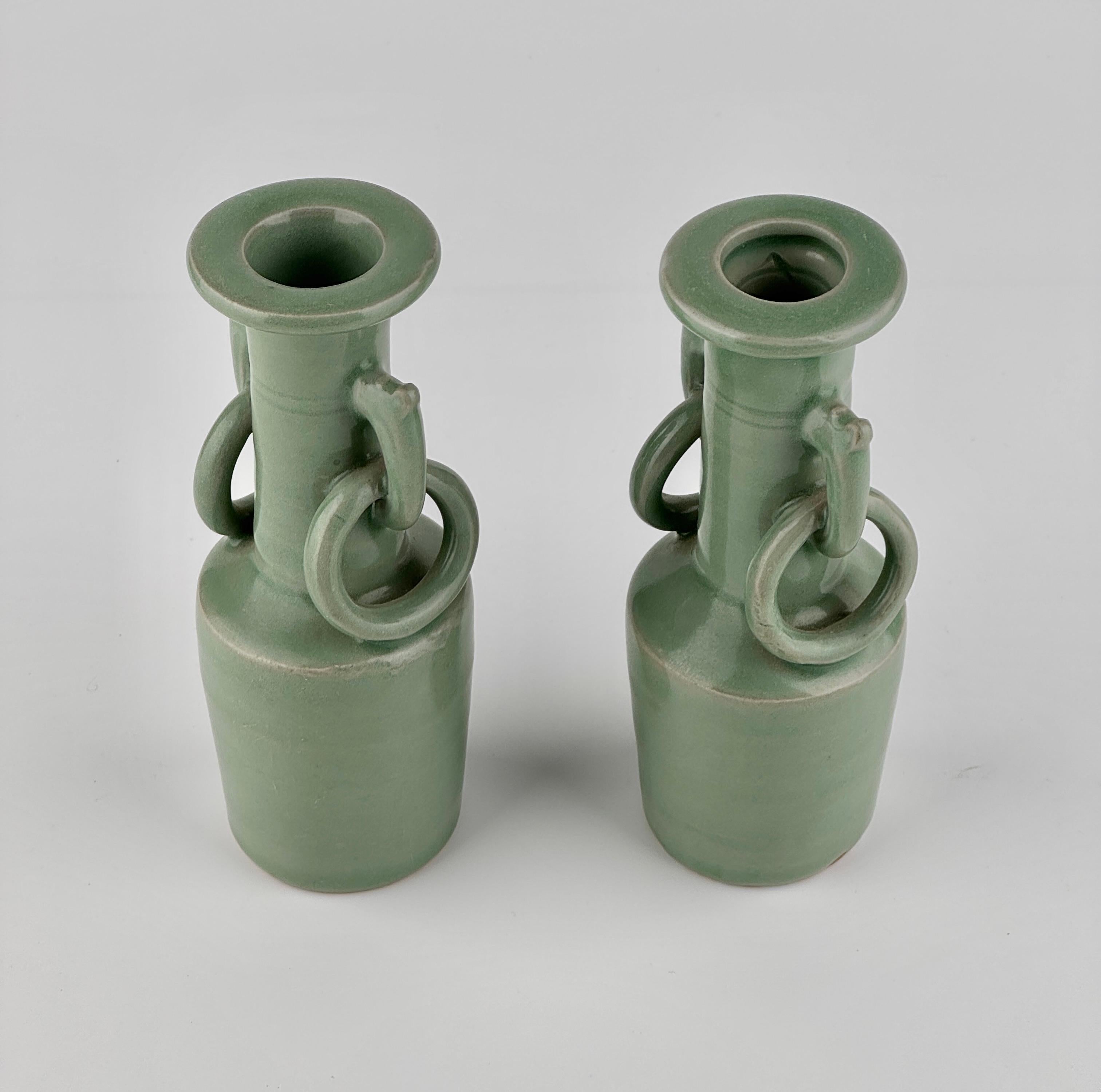 Pair of Celadon Vases with Double Handles, Song-Yuan Dynasty For Sale 2