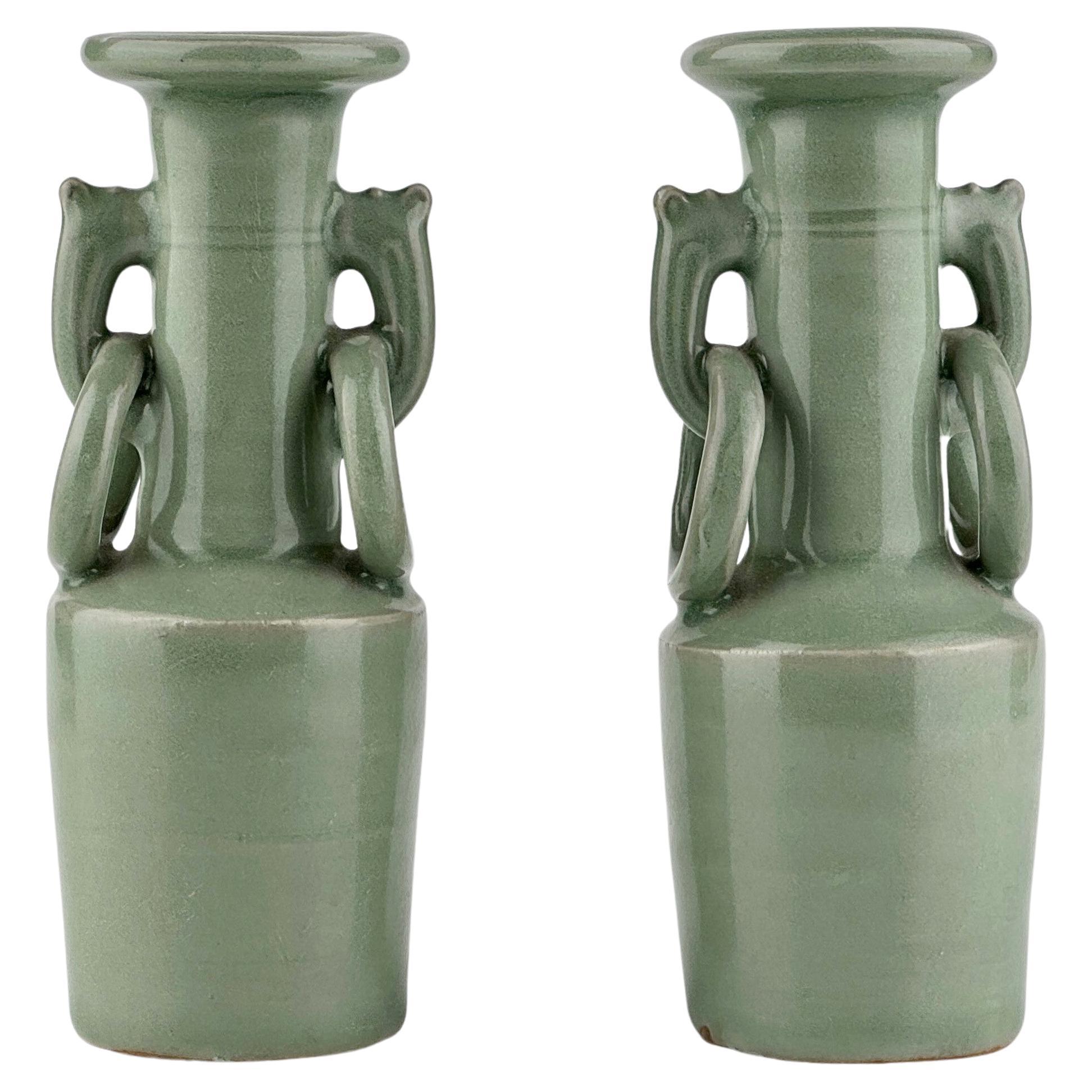 Pair of Celadon Vases with Double Handles, Song-Yuan Dynasty For Sale