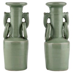 Pair of Celadon Vases with Double Handles, Song-Yuan Dynasty