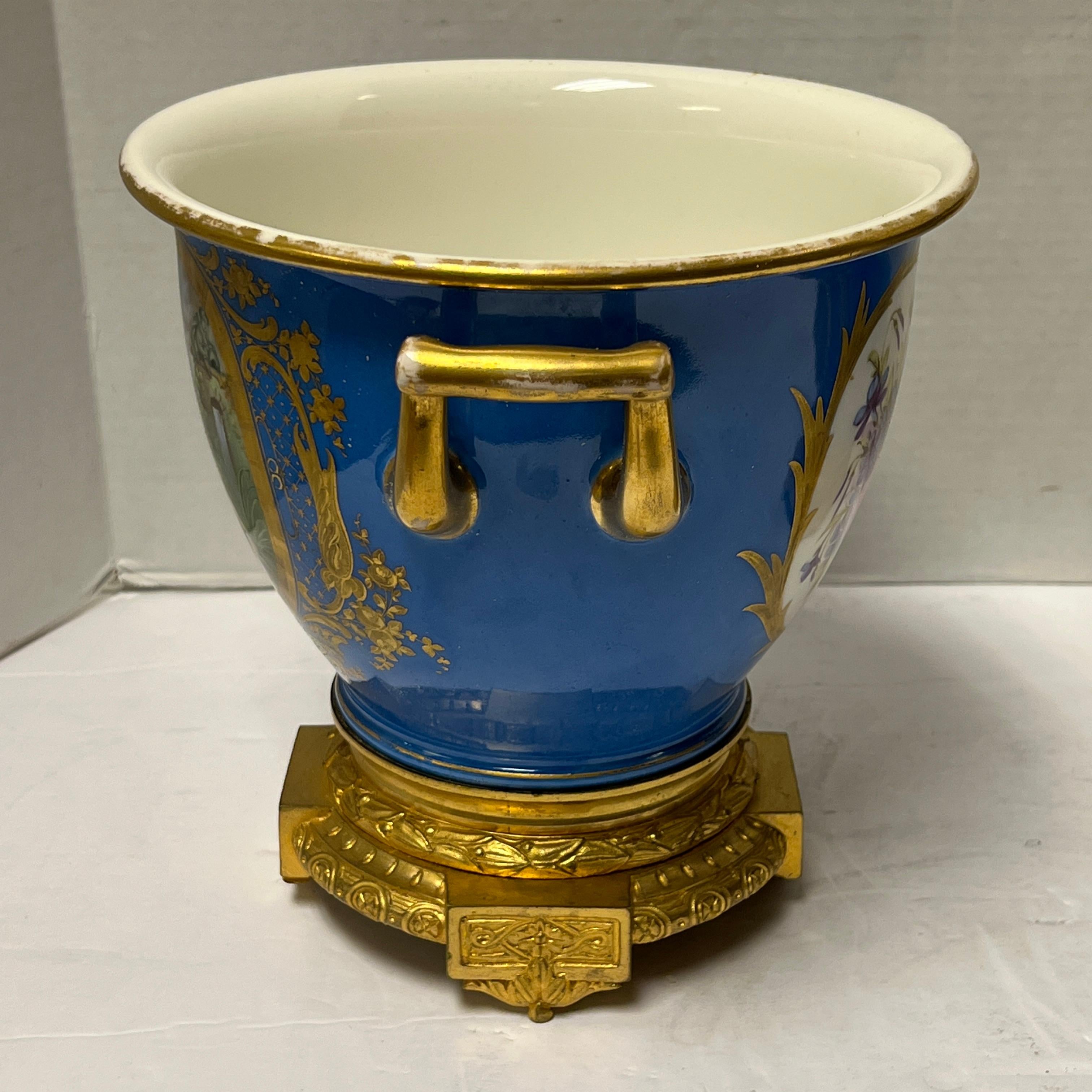 French Pair of Celest Blue Sevres Gilt Bronze Mounted Porcelain Cachepots