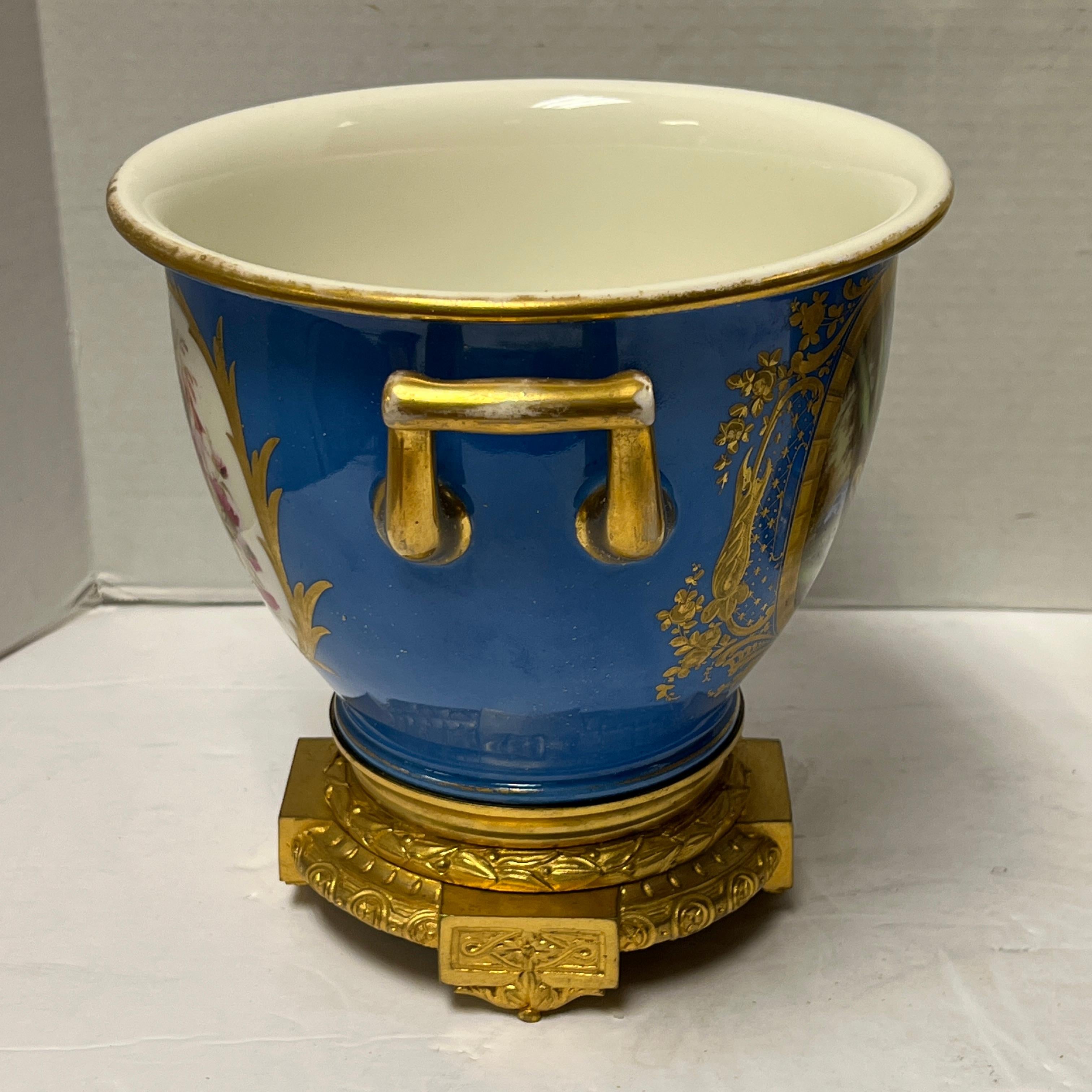19th Century Pair of Celest Blue Sevres Gilt Bronze Mounted Porcelain Cachepots
