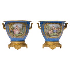 Pair of Celest Blue Sevres Gilt Bronze Mounted Porcelain Cachepots