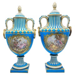 Pair of Celest Blue Sevres Porcelain Covered Vases
