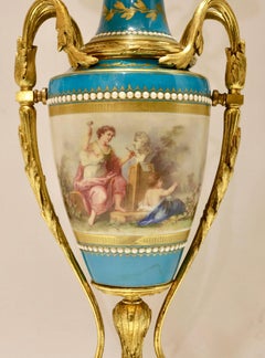 Pair of Celeste Blue Sevres Style Porcelain Bronze-Mounted Candelabras