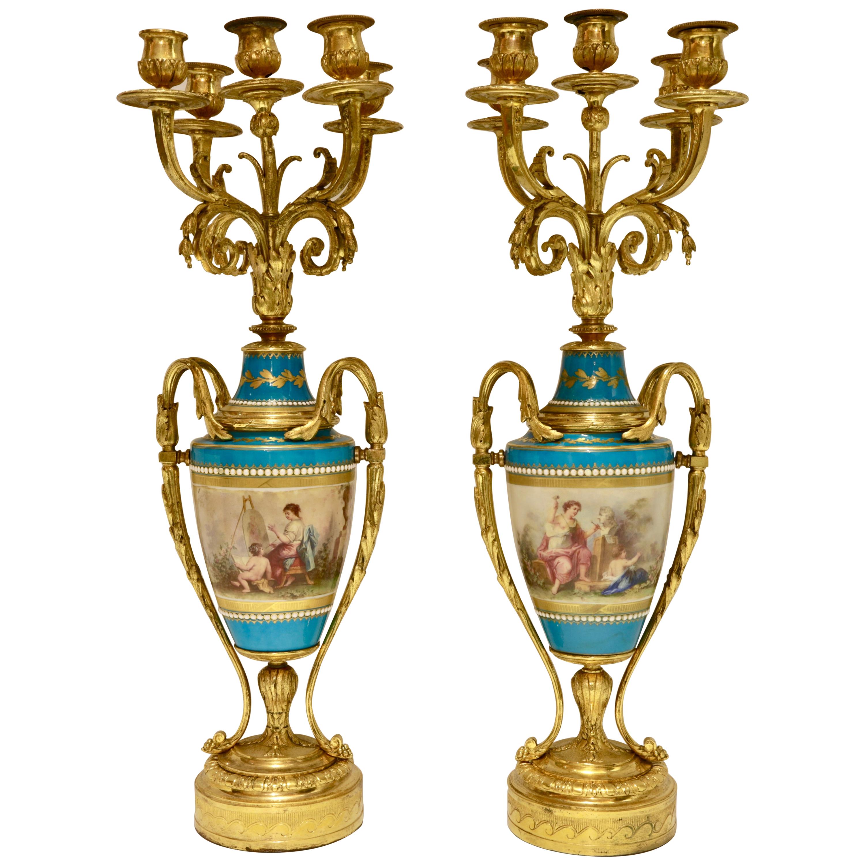 Pair of Celeste Blue Sevres Style Porcelain Bronze-Mounted Candelabras