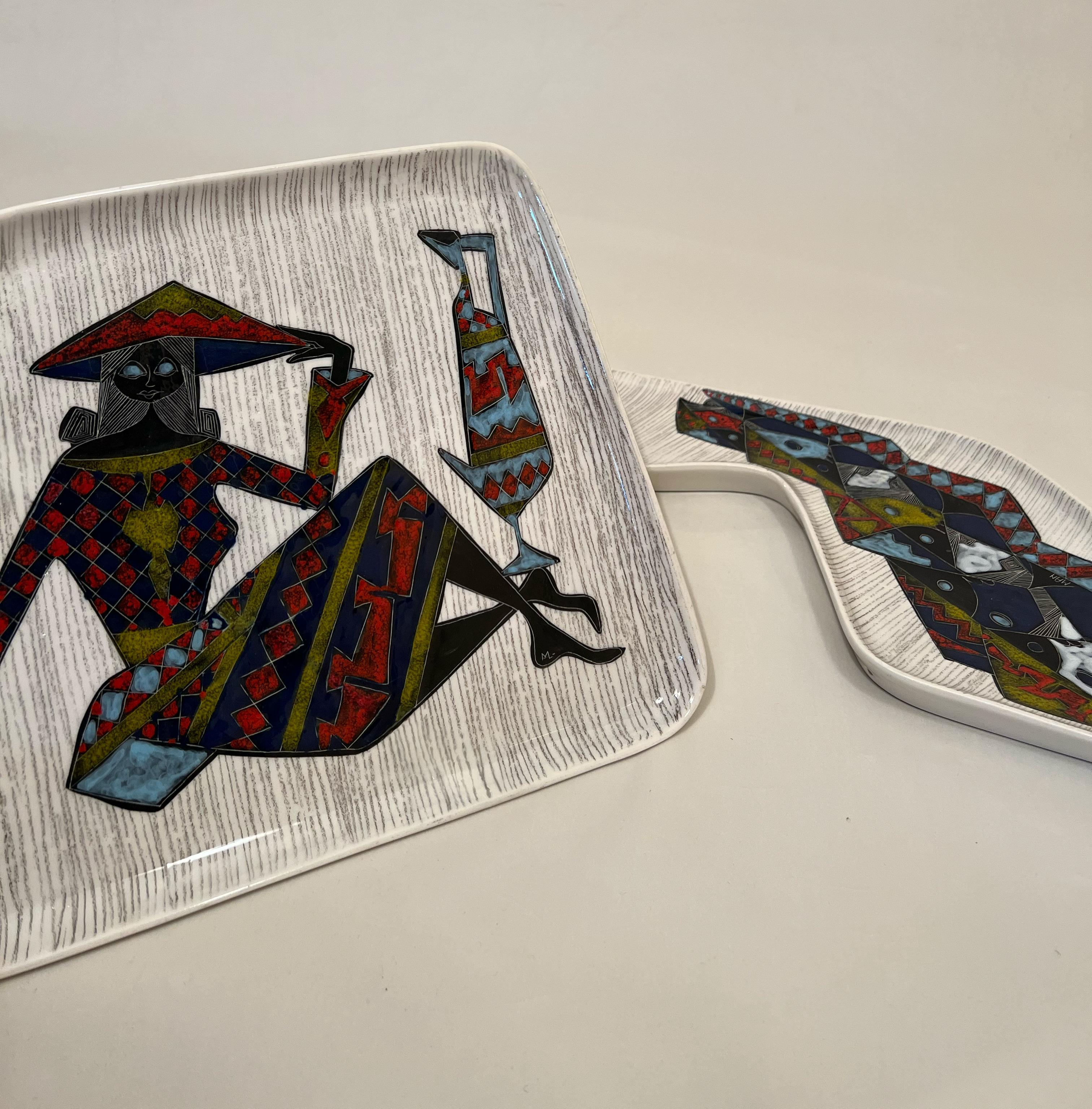 Italian Pair of 'Cemas' Ceramic Plates or Bowls with Polychrome Figures For Sale