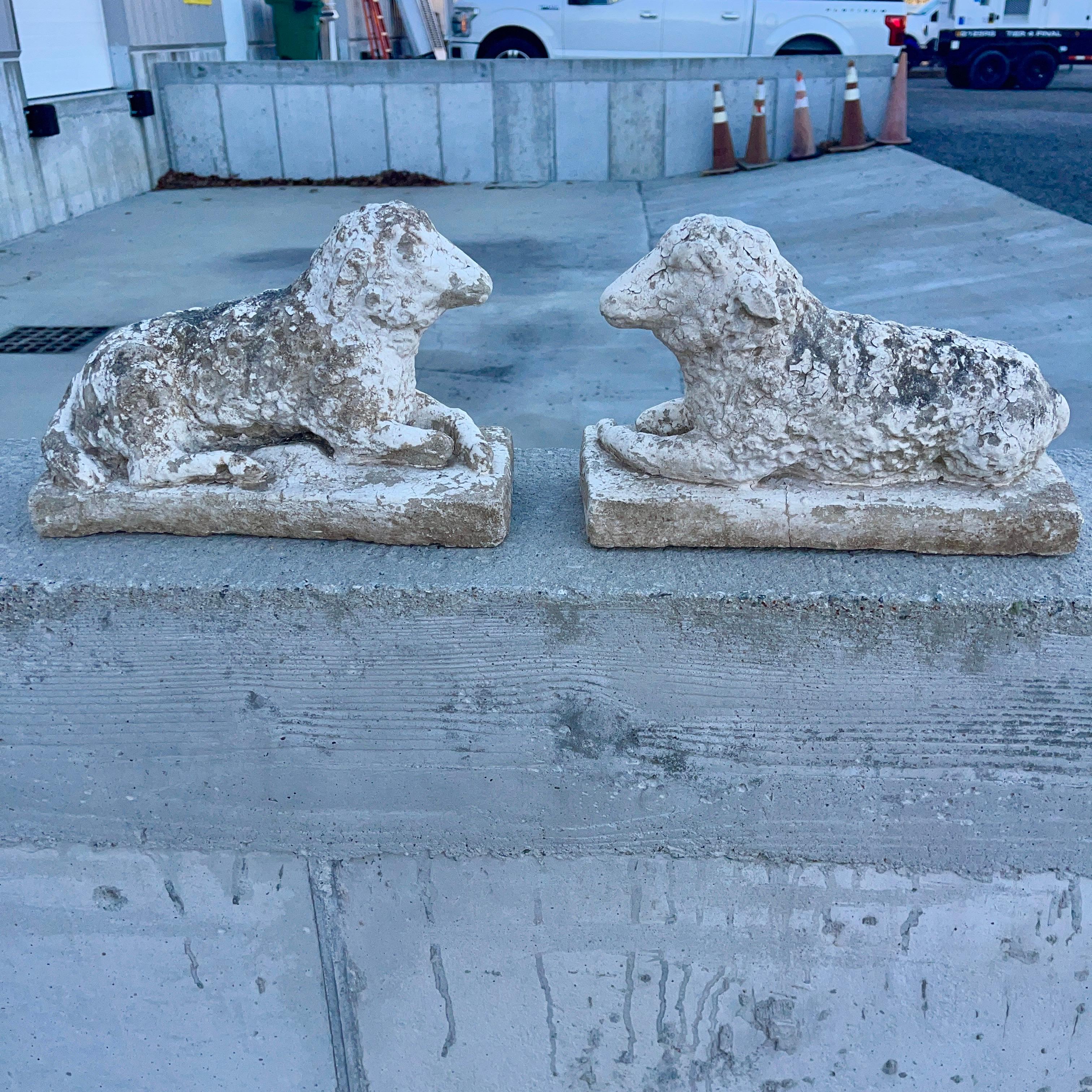 Encantadora pareja de estatuas vintage de hormigón para jardín en forma de corderos yacentes con restos de pintura blanca vieja y pátina natural.
También quedarían muy bien en interiores, junto a la chimenea o como topes de puerta.