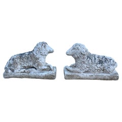 Pair of Cement Lambs with Old Paint