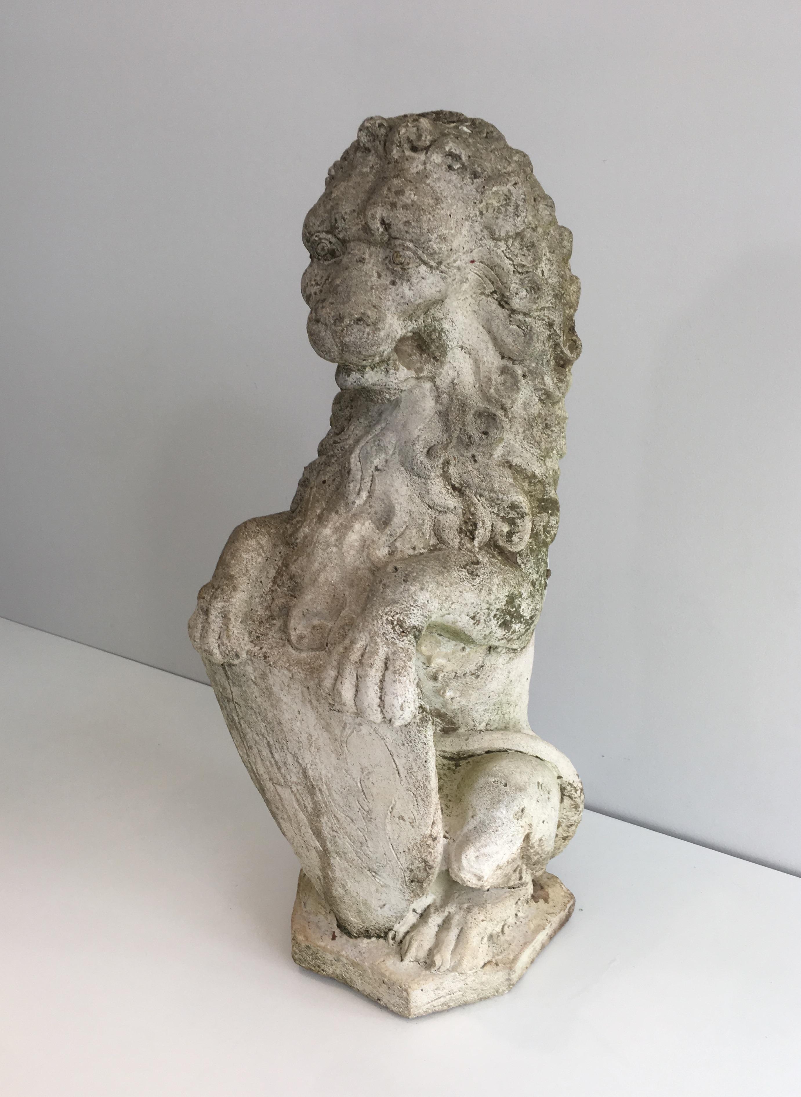 Pair of Cement Lions Standing with a Shield, French, circa 1950 5