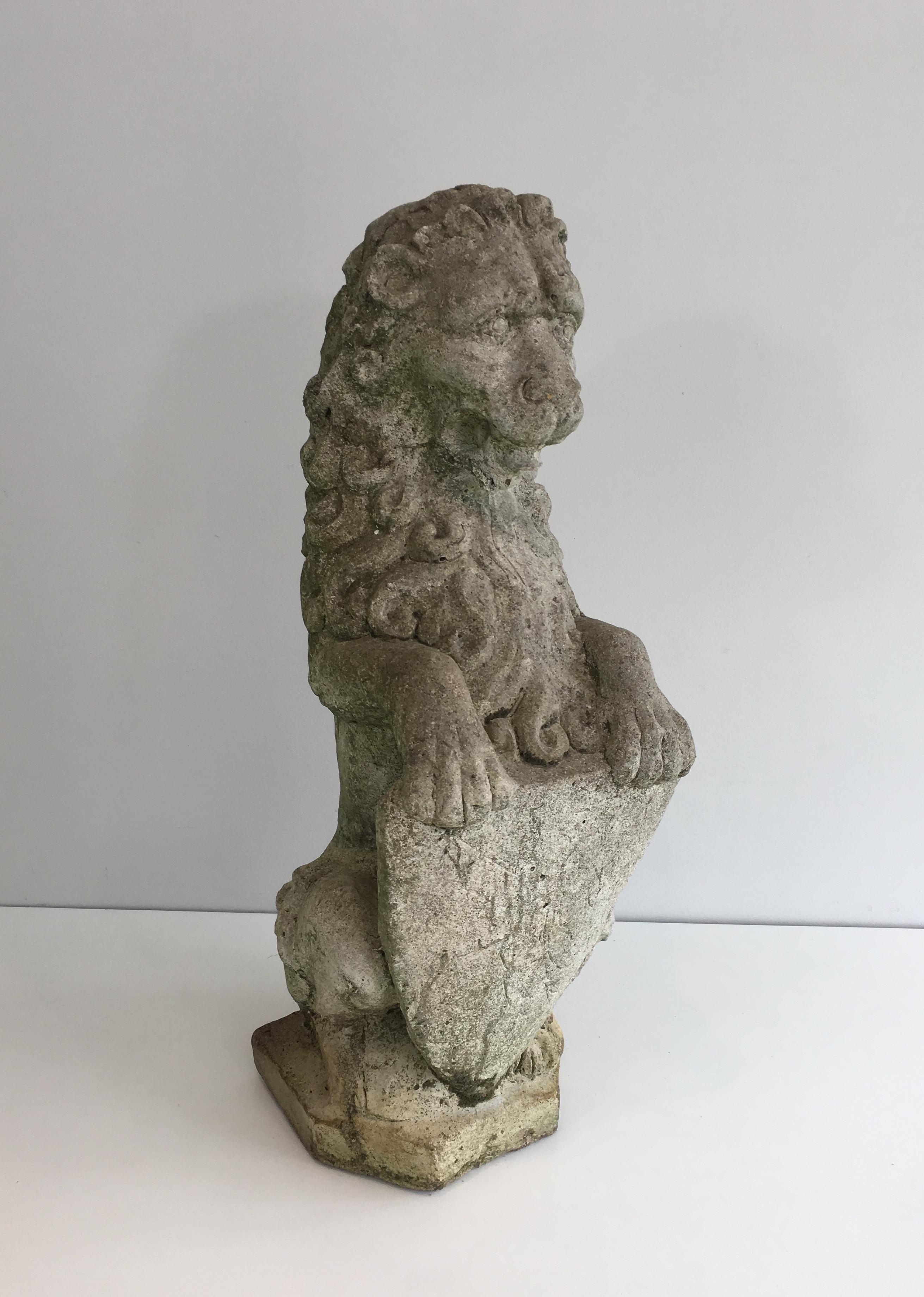 Pair of Cement Lions Standing with a Shield, French, circa 1950 8
