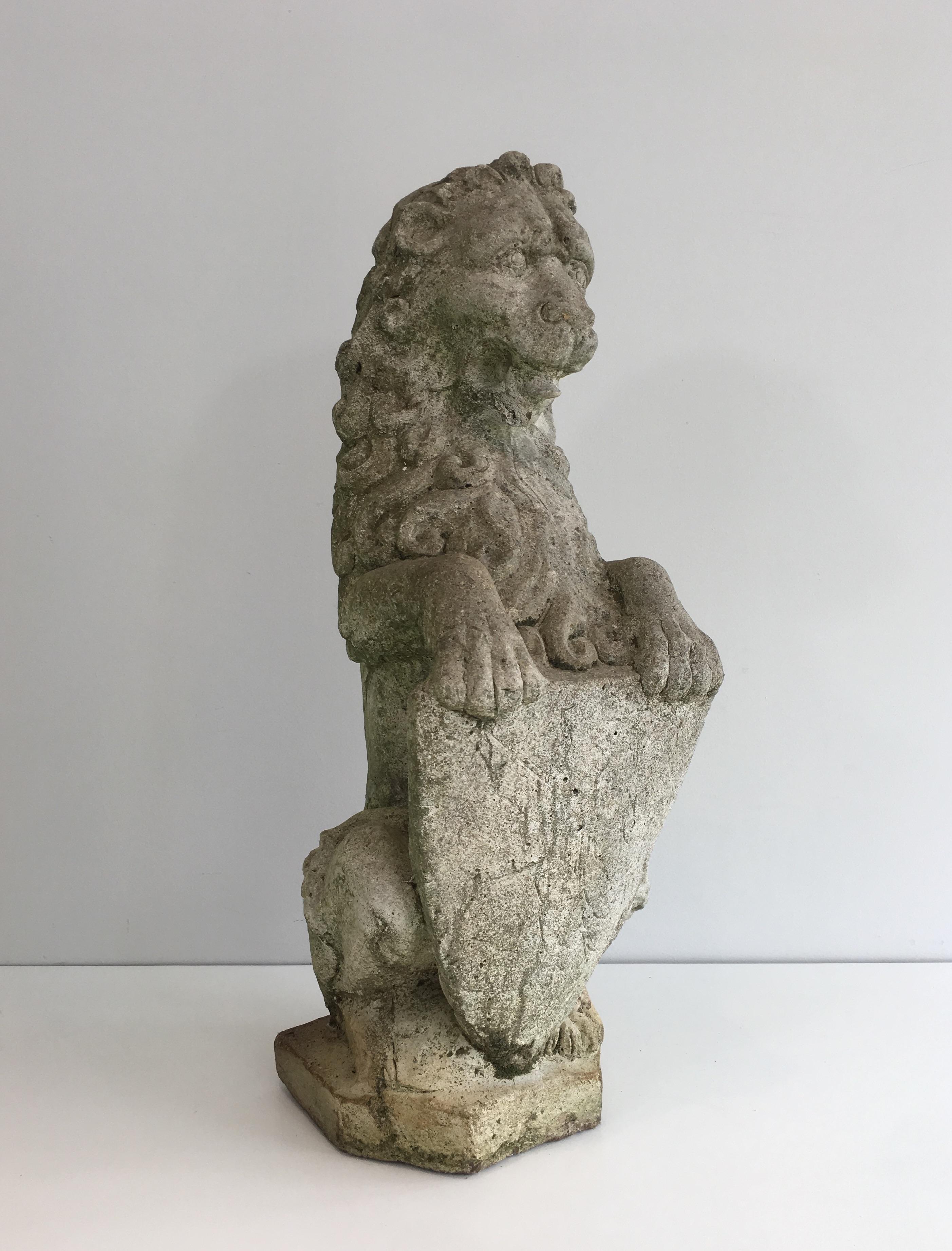 Pair of Cement Lions Standing with a Shield, French, circa 1950 9